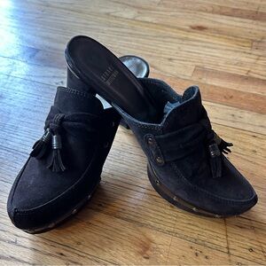 Stuart Weitzman Black Suede Mules with Tassel Detail